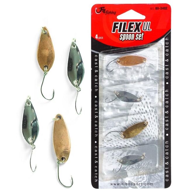 SET 4 LINGURI OSCILANTE FILEX TROUT,BASS, UL SPOON SET SILVER /GOLD 3GR